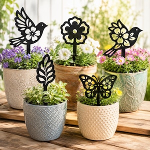 Set of 5 Metal Plant Pot Stakes, Bird Butterfly Flower Leaf Silhouette Garden Picks, Multi‑Pack Outdoor Planter Decor