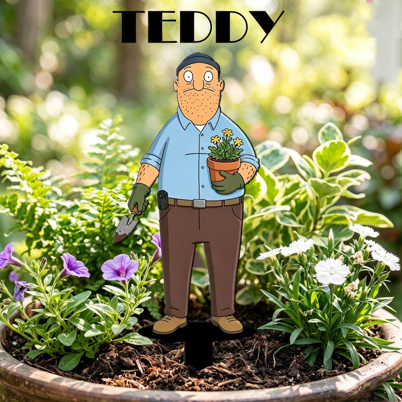 May include: A garden stake featuring a cartoon illustration of a man with a beard wearing a blue shirt, brown pants, and a dark cap. The character holds a small terracotta pot with yellow flowers and a hand trowel. The text TEDDY is printed above.