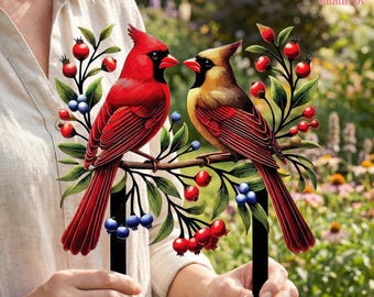 Cardinal Pair Metal Garden Stake, Red Bird Yard Decor, Gift for Gardener, Memorial Gift for Loved Ones,Outdoor Lawn Art,Cardinal Lover Decor