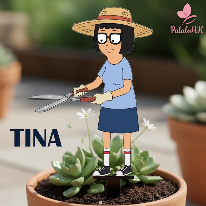 May include: A decorative metal garden stake featuring a cartoon character with black hair, glasses, a straw hat, a light blue shirt, and a dark blue skirt. The character holds metal garden shears. The text TINA is printed in dark blue on the left side.