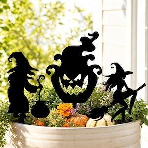 Set of 3 Halloween Witch Pumpkin Metal Plant Stakes, Outdoor Yard Art, Planter Decor, Whimsical Fall Garden Decor,Halloween Gardening Gift