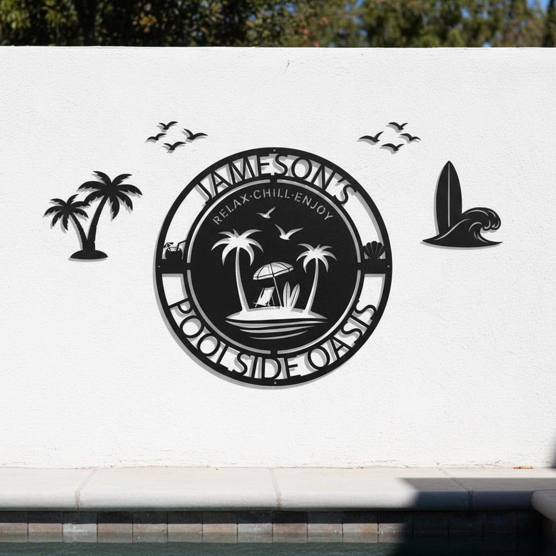 Personalized Poolside Oasis Metal Sign | Custom Family Name Pool Sign ...