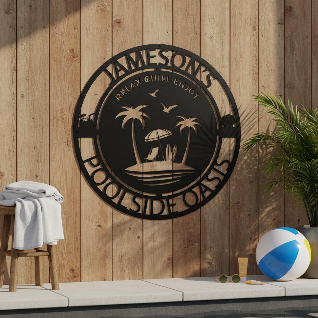 Personalized Poolside Oasis Metal Sign | Custom Family Name Pool Sign ...