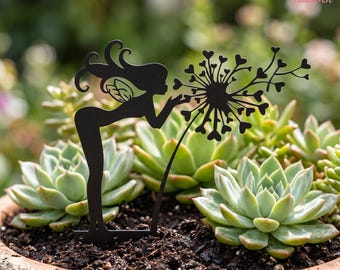 Estaca metálica para maceta con diseño de hada y diente de león en forma de corazón, decoración de jardín, regalo romántico para jardineros, adorno para maceta, estaca metálica, arte para exteriores.