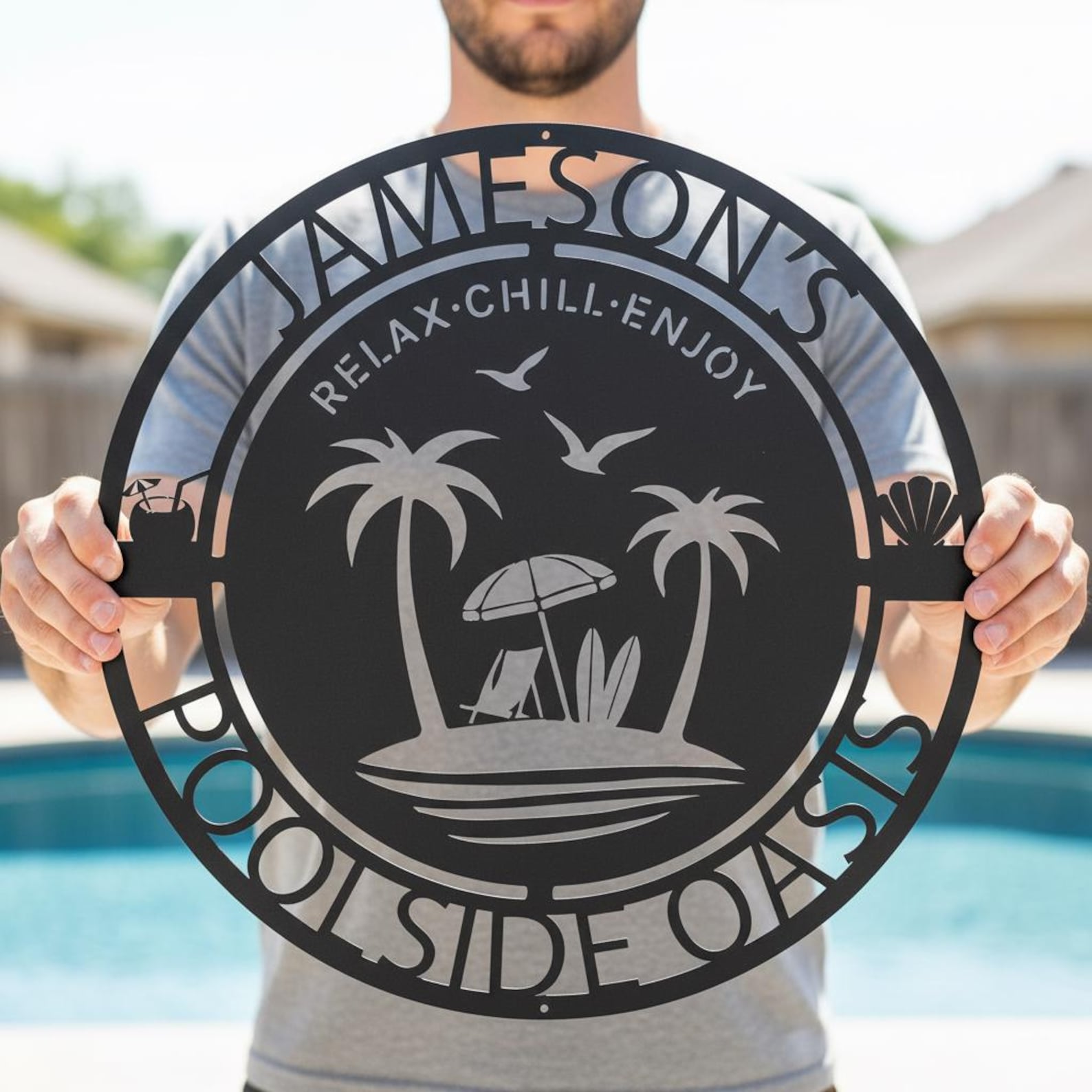 Personalized Poolside Oasis Metal Sign | Custom Family Name Pool Sign ...