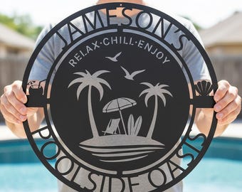 Personalized Poolside Oasis Metal Sign | Custom Family Name Pool Sign | Backyard Oasis Decor , Mother's Day gift