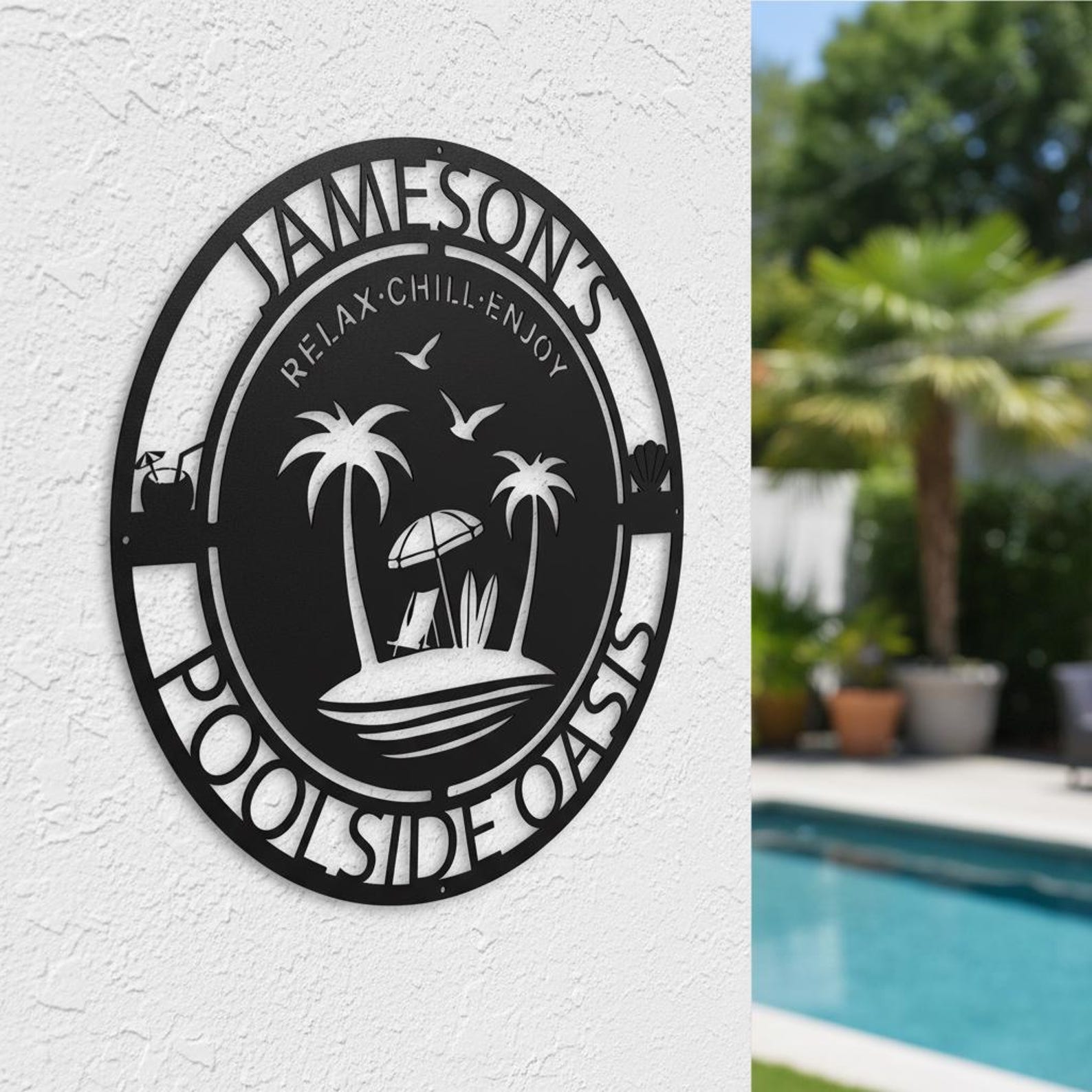 Personalized Poolside Oasis Metal Sign | Custom Family Name Pool Sign ...