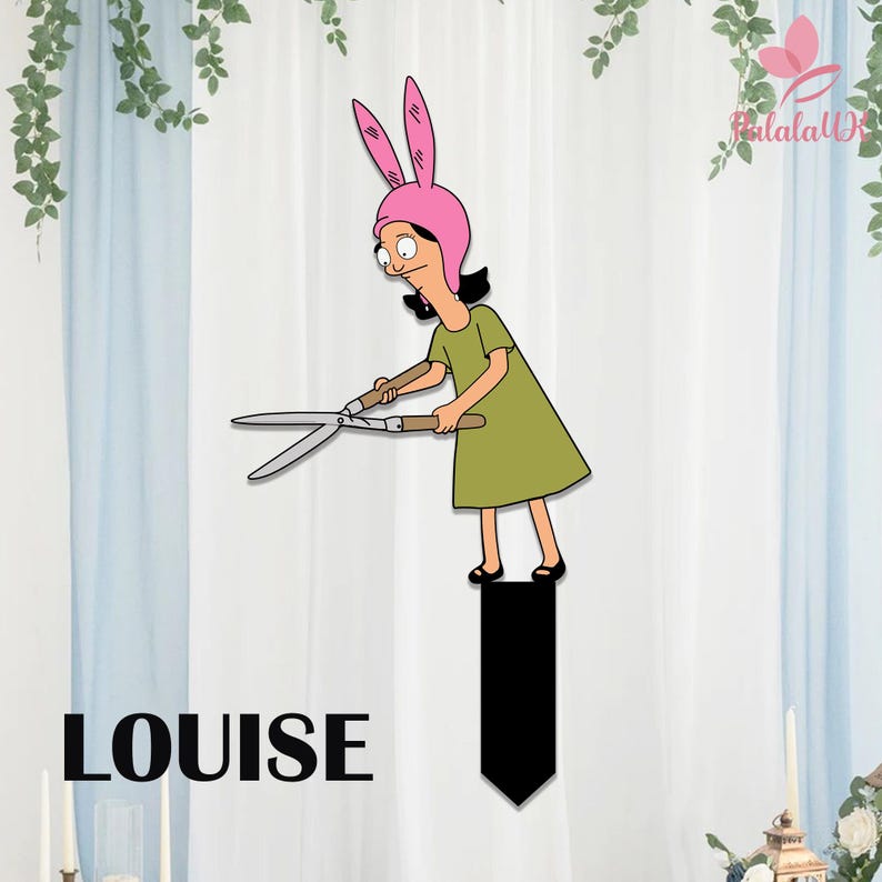 May include: A decorative garden stake featuring a cartoon character wearing a pink bunny ear hat and a green dress, holding a pair of silver garden shears with wooden handles. The character stands atop a black rectangular stake base. The word LOUISE is printed in black capital letters to the left of the character.