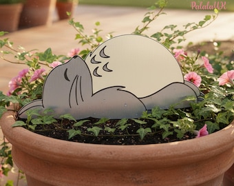 Sleeping TotoCat Metal Yard Stake, Garden Decor, Potted Plants Sign, Outdoor Garden Decor, Gardeners Gift, Anime Planter Art, Garden Sign