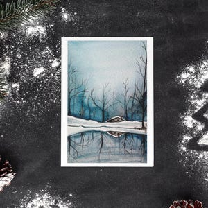 Carte de voeux avec un beau paysage conçu à la main, cartes de voeux d'hiver aquarelle sereine, belle carte de voeux