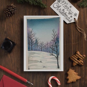 Carte de voeux avec un beau paysage conçu à la main, cartes de voeux Winter Wonderland, salutations saisonnières, cartes de voeux enneigées