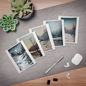 Lot de 5 cartes de voeux beaux paysages enneigés, 5 cartes de voeux Winter Wonderland (paquet de 5), cartes de vœux peintes à la main, scène enneigée