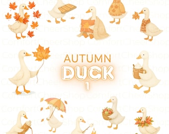Autumn Duck Clipart: Cozy Fall PNG Illustrations (Digital Download for Stickers, Scrapbooking