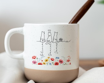 Personalized Cute Cats Pottery Mug with Name, Special Coffee Cat Mug, Unique Cat Lover Present, Gift For Cat Owner, Family Gifts, Pet Lover