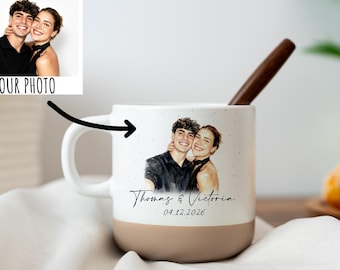 Custom Watercolor Photo Pottery Mug, Custom Picture Coffee Cup Gift For Couple, Couple Image Memories Gifts,Valentines Day Gifts,Family Gift