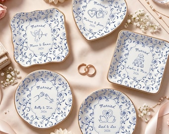 Personalized Engagement Ring Dish, Custom Couple Name Trinket Dish, Floral Wedding Ring Holder, Bridal Shower Gift, Keepsake Plate