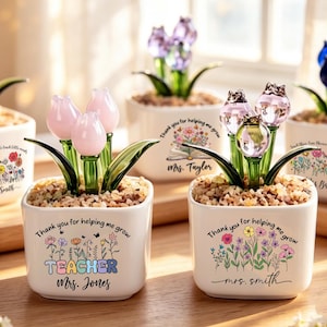 Glass Plant Pot, Personalized Name Mini Glass Flower Cactus Ornament, End Of School Term Gift, Teacher Appreciation Desk Table Decoration