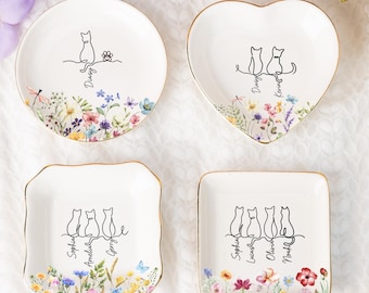 Custom Cat Floral Ring Dish,Personalized Cat With Name Jewelry Dish,Cat Lover Gift,Unique Cat Lover Present,Gift for Cat Owner Pet Lover