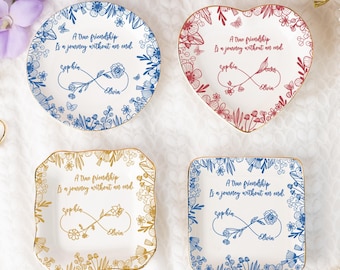 Custom A True Friendship Is A Journey Personalized Jewelry Dish,Gifts for Friends,BFF,Soul Sister,Toile Floral Ceramic Trinket Tray