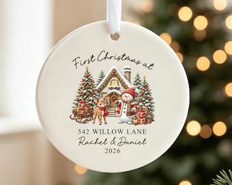 New Home Ornament, Ceramic Christmas Keepsake, UV-Printed, 8 Cm, Personalised Address Year