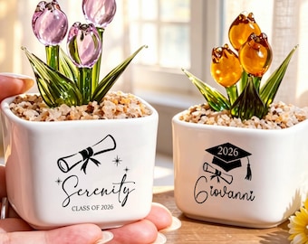 Personalized Graduation Planter,Custom Class of 2026 Stained Glass Flower,Blown Glass Art,College Grad Gift,Graduation Party Decor,Name Gift