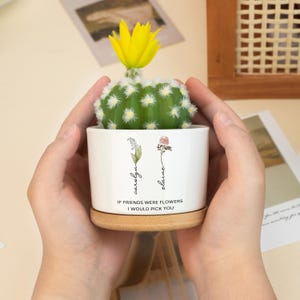 以下が含まれることがあります： 黄色い花が咲いたサボテンが入った白い陶器製のプランター。プランターは木製の土台が付いており、「もし友達が花だったら、君を選ぶだろう」というメッセージが書かれている。プランターには、「キャロリン」と「エレーン」という2つの名前も書かれており、それぞれの名前の横に花が描かれている。