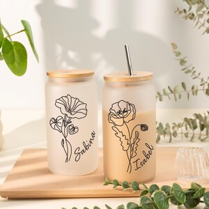 Lata de vidrio esmerilado con flor de nacimiento personalizada, regalo para el Día de la Madre, regalos personalizados para hermanas para cumpleaños, regalo de propuesta de dama de honor, regalo para ella