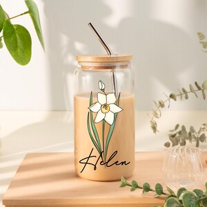 Taza de café de cristal con flor de nacimiento personalizada, taza de cristal con flores y nombre personalizado, recuerdos de fiesta, regalos para ella, regalo del Día de la Madre, regalo para niña y mujer.