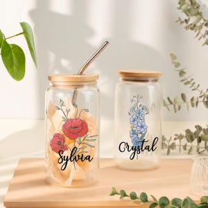 Flor y nombre personalizados para el mes de nacimiento, vaso de cristal con bonitas flores, regalo para el Día de la Madre, regalo de cumpleaños, ideas de regalo para damas de honor.
