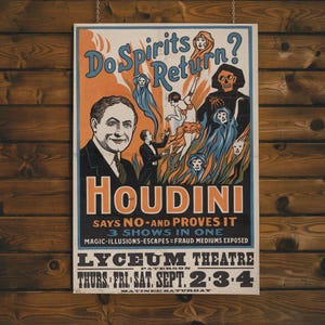 Houdini Wall Art, Harry Houdini Magic Show Poster, Vintage Houdini Print, Retro Magic Show Poster, Spooky Poster Art, Matte Vertical Reprint