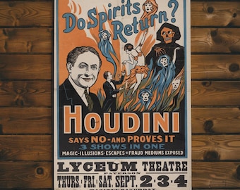 Vintage Harry Houdini Magic Show Poster, Spooky Wall Art Reprint