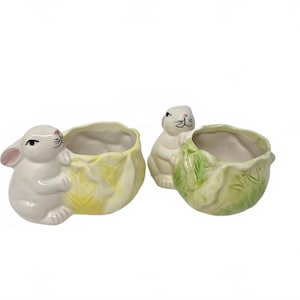 Vintage Ceramic Bunny Rabbit Planters in Cabbage-Shaped Pots