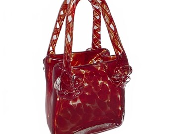 Handblown Red Art Glass Purse Vase Murano Style Confetti Handbag 6.5"
