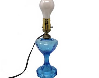 Vintage 1930s McKee Glass Palm Beach Uranium Glass Lamp Blue Depression Glass Electric Oil Lamp Base 9 Panel Glows Green Under UV Blacklight