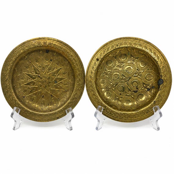 Vintage Engraved Brass Plates Set of 2 Small Decorative Boho Trays