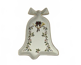 Mikasa Holiday Elegance Christmas Bell Dish Holly Gold Trim Serving Tray