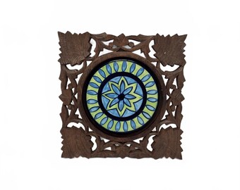 Vintage Carved Wood Tile Trivet India Blue Green Floral Wall Decor