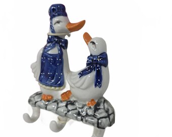 Vintage Ceramic Geese Wall Hook Rack Blue Country Kitchen Key Holder