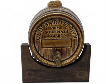 Vintage Old Bardstown Bourbon Barrel Decanter Ceramic Wood Stand Spigot