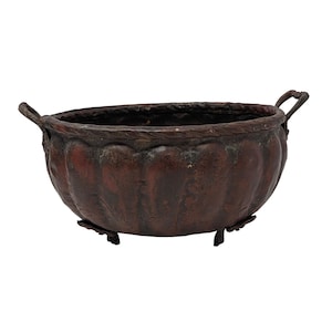 Vintage Hand Hammered Copper-Toned Jardiniere Cachepot Bowl w Handles & 3 Decorative Feet