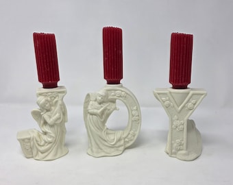 Vintage Porcelain Christmas Angel JOY Candle Holders with Candles