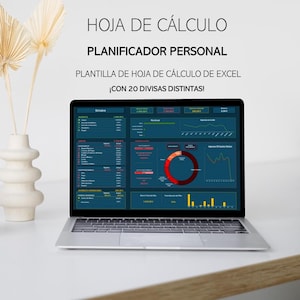 Puede incluir: Un ordenador portátil que muestra una hoja de cálculo con gráficos y diagramas. La hoja de cálculo se titula "HOJA DE CÁLCULO PLANIFICADOR PERSONAL" y "PLANTILLA DE HOJA DE CÁLCULO DE EXCEL ¡CON 20 DIVISAS DISTINTAS!" La hoja de cálculo está en español e incluye un gráfico circular, un gráfico de líneas y un gráfico de barras.
