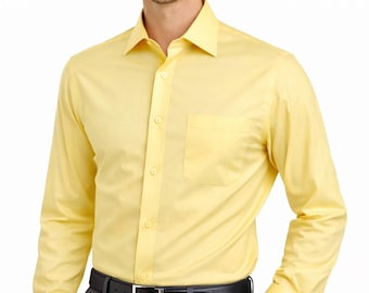 Men's Light Yellow Convertible Cuff Dress Shirt - Lemon Modern Fit Wedding & Spring Formal Shirt for Men Men's Light Yellow Convertible Cuff Dress Shirt - Lemon Modern Fit Wedding & Spring Formal Shirt for Men