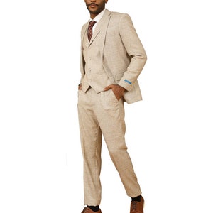 Men&#39;s Premium TWEED Beige-Tan Modern Fit Three Piece Two Button Suit