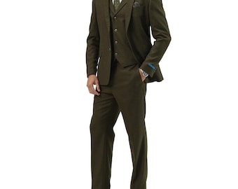 Men’s Tweed 3-Piece Suit – Olive Green Modern Fit Wedding & Formal Two-Button Suit