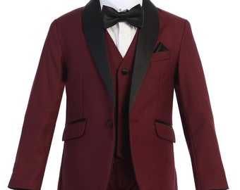 Boys Tuxedo Set Burgundy with Black – Kids 8 Piece Shawl Lapel Tuxedo for Wedding, Ring Bearer & Formal Events