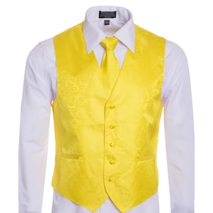 Men&#39;s Premium Yellow Paisley Vest - NeckTie – Bow Tie - Pocket Square 4 Piece Set for Suits & Tuxedos