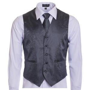 Men&#39;s Premium Charcoal Gray-Dark Grey Paisley Vest - NeckTie – Bow Tie - Pocket Square 4 Piece Set for Suits & Tuxedos