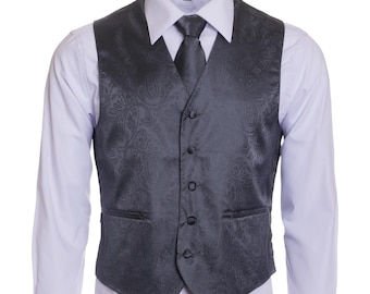 SILVER MEN'S PAISLEY Formal Tuxedo Vest, Tie & Hankie Set. for Formal