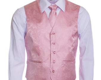 Men's Pink Paisley Vest Set – 4 Piece Vest, Tie, Bow Tie & Pocket Square | Wedding Groom Groomsmen Suit Tuxedo Vest | Prom Vest